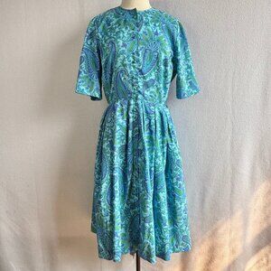 1950s Palm Fashions Turquoise Paisley Short Sleeve Shirtwaist Dress